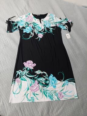 Jm Collection Black Floral A-line Dress with Teal & Lavender Accents